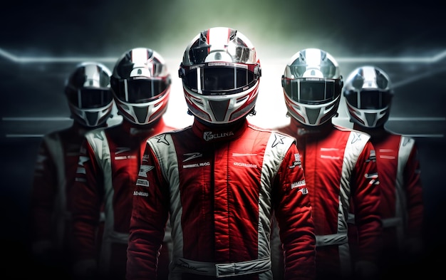 The team of helmets are standing in front of a dark background.