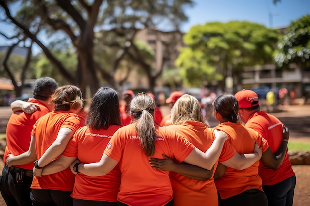 Team huddle at a community cleanup event