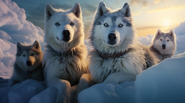 A team of husky sled dogs rest on sea ice Greenland