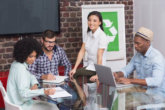 Team in vergadering met recyclingssymbool op whiteboard