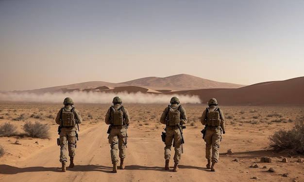 Team infanteristen in de lucht met wapens in beweging patrouilleren woestijnstorm zandblauwe lucht op de achtergrond van squadron zonlicht vooraanzicht generatieve ai