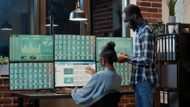 Team of investors using multi monitors to work on exchange market statistics with financial graphs. Planning stock market trade growth, hedge fund investment forex sales. Tripod shot