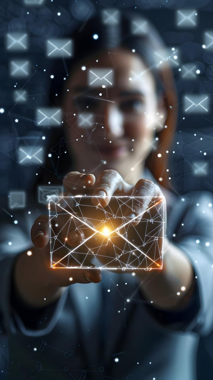 Photo team leader in communication photo realistic profile with email discussion symbolizing leadership