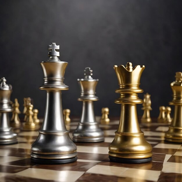 Команда роскошных золотых и серебряных шахматных фигур с королем и пешкой, стоящими на полу шестиугольника b