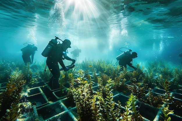 A team of marine biologists plants and maintains underwater gardens fostering biodiversity and conse