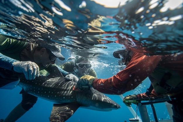 Photo a team of marine biologists tagging sharks for tra generative ai