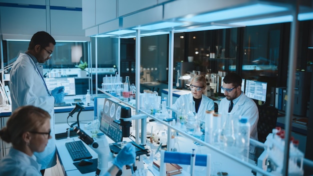 team of medical research scientists conduct experiments with help of microscope test tubes micropipette and desktop computer modern biological applied science laboratory with diverse colleagues