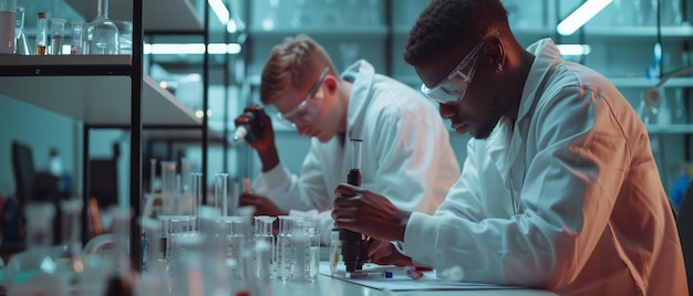 A team of medical researchers creates a new disease cure using a microscope test tubes micropipette and writing down results The laboratory looks busy bright and modern