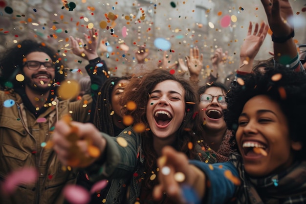 Photo team members celebrate and throw confetti in the office