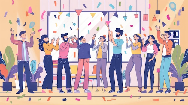 Team members clap and congratulate a colleague in an office Cartoon characters applaud to their colleagues Celebration appreciation concept Cartoon linear modern illustration