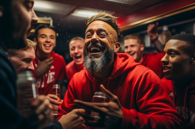 Team members talking to each other in the locker room Generative AI