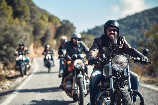 Photo team of motorbike riders on the road on a tour