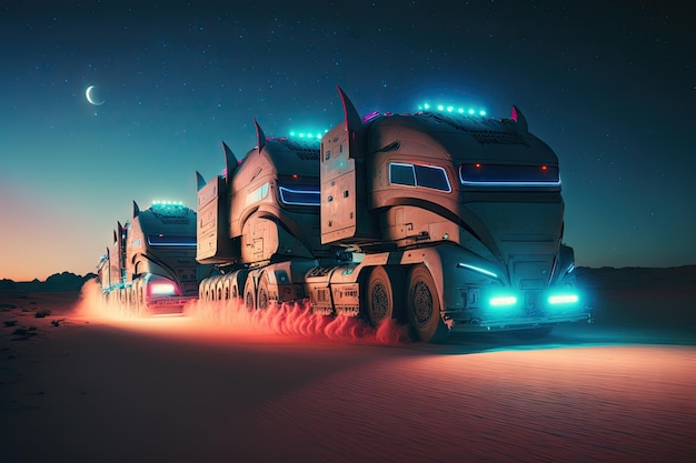 Команда футуристических грузовиков мчится по пустыне ночью