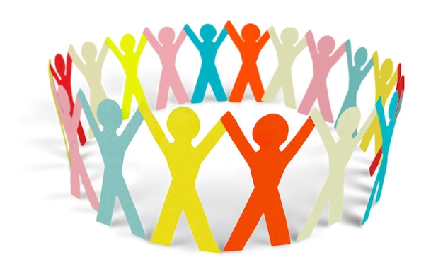 team of paper chain people isolated on white background