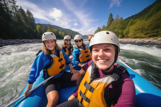 Foto squadra di persone che navigano su una zattera su un fiume selvaggio che lavorano insieme sport nel concetto di natura