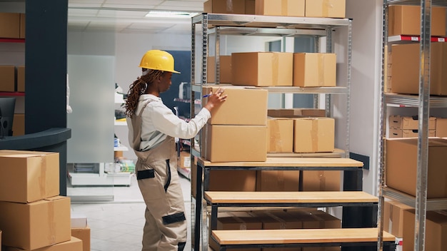 Team of people planning shipment with products in boxes, checking inventory list on papers for distribution service. Man and woman discussing about stock logistics and merchandise.