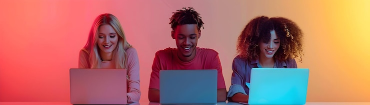 Photo team of people with glowing laptops and smiling faces in dreamy setting productive and joyful meet