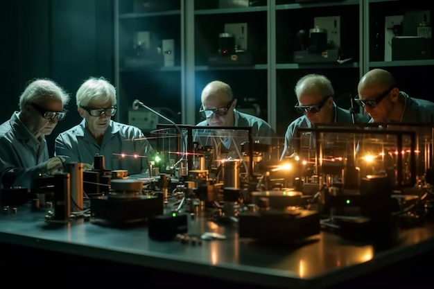 A team of physicists conducting experiments with laser