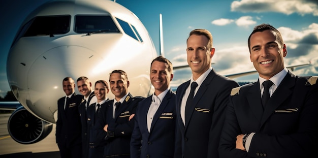 The team of pilots and flight attendants stand with the airplane in the background responsible for ensuring a safe and comfortable flight