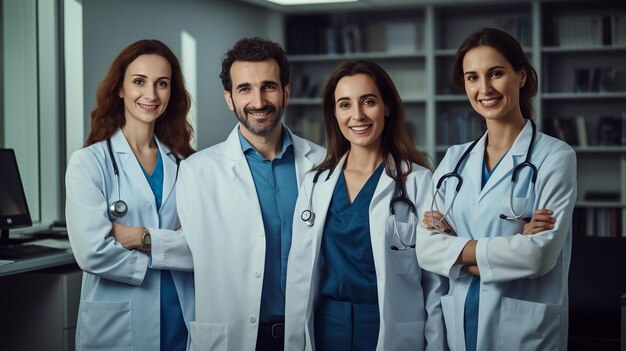 Team of professional doctors in clinic hallway