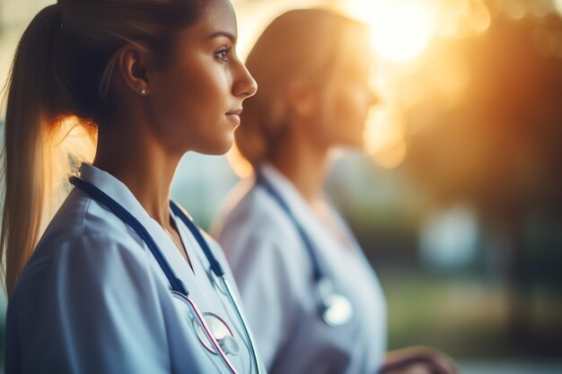 Foto squadra di medici professionisti nel corridoio della clinica