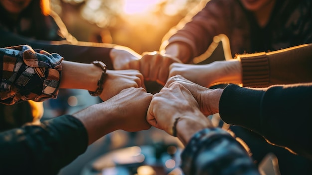 Photo a team of professionals in a meeting showing unity by joining fists together in a circle symbolizing collaboration and mutual support in a business or work environment