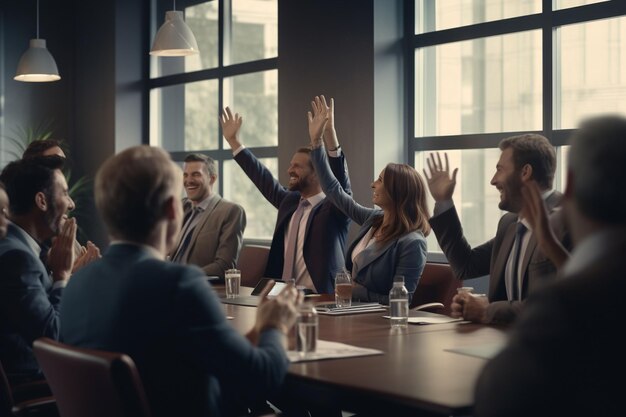 Photo a team of professionals raising their hands in a generative ai