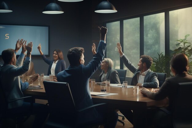 A team of professionals raising their hands in a generative ai