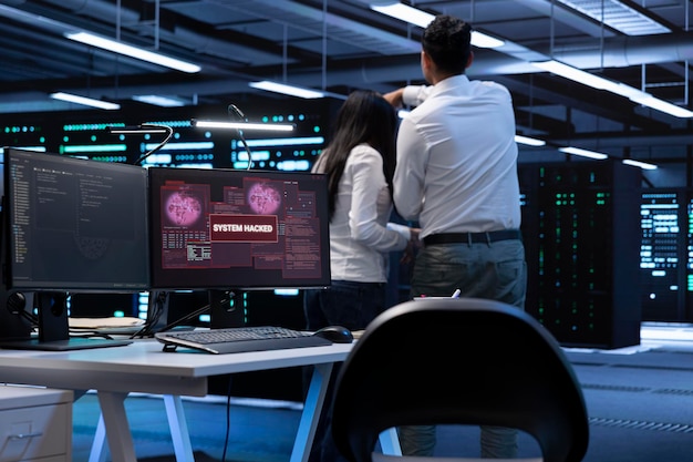 Team of programmers in server hub trying to protect hardware from hackers