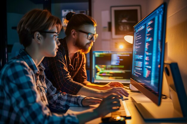 Команда программистов, работающих с серверами в офисной обстановке, анализирующая данные с помощью программных интерфейсов Генеративный ИИ