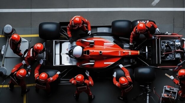 Foto il team con i caschi rossi sta lavorando su un'auto da corsa.