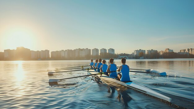 Photo team of rowers in sync during sunrise training on serene lake urban rowing activity captured in early morning light perfect for sports themes ai