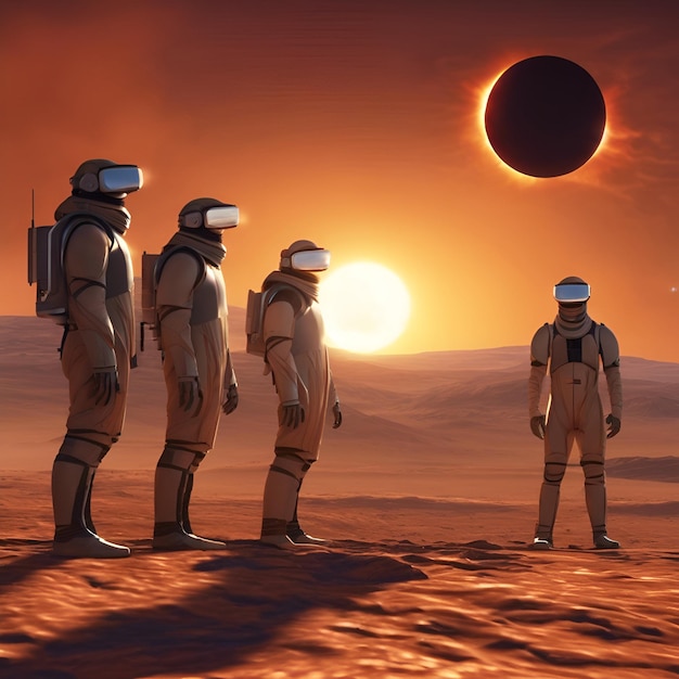 A team of scientists observes a solar eclipse from the surface of a distant planet studying the ce