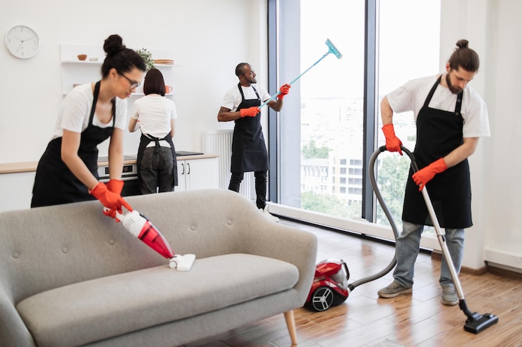 Photo team of service workers cleaning sofa carpet cuisine table and panoramic window