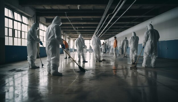 A team of skilled males in protective workwear spraying chemicals generated by AI