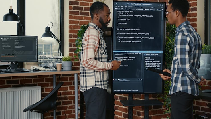 Photo team of software engineers leaving after analyzing source code on wall screen tv comparing errors using digital tablet. coders passing coworker programmer writing code for artificial intelligence.