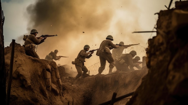 Photo a team of soldiers taking cover behind a ruined building