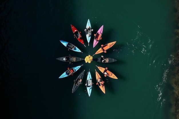 Photo team of sports kayaks racing on the lake