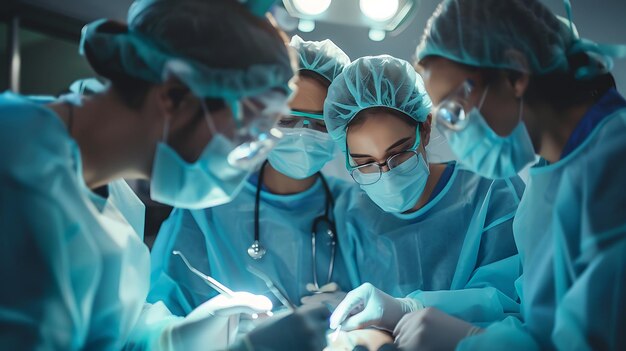 Команда хирургов в хирургических костюмах и масках выполняет операцию в больничной операционной. Они сосредоточены на пациенте и задаче.