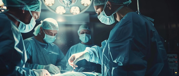 Photo a team of surgeons in scrubs and masks performing a surgical procedure