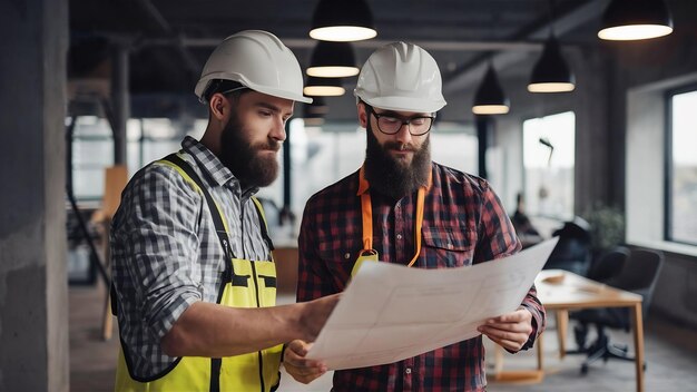 Team of two handsome stylish young bearded european male builders checking construction plan in mod