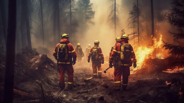 Team van dappere brandweerlieden tijdens het blussen van een bosbrand