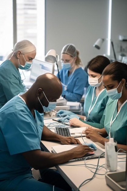 Foto team van gezondheidswerkers die samenwerken tijdens het gebruik van een laptop tijdens een vergadering in een medische kliniek