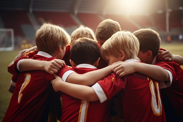 Team van jonge voetballers die hun handen stapelen vóór de wedstrijd