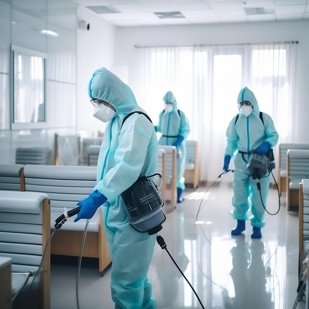 Foto team van professionele conciërges die apparatuur gebruiken om ziekenhuisafdelingen te desinfecteren verpleegsters in uniform schoonmaken