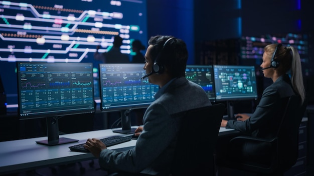 Team van professionele handelaren die met headsets praten Werk op computers met een scherm dat financiële statistieken, grafieken, strategieën, aandelen, telemarketing, beursbedrijven, bewakingsruimte, beursspecialisten toont