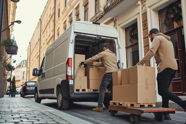 Foto team van werknemers gebruikt steekwagen laden bestelwagen met kartonnen dozen