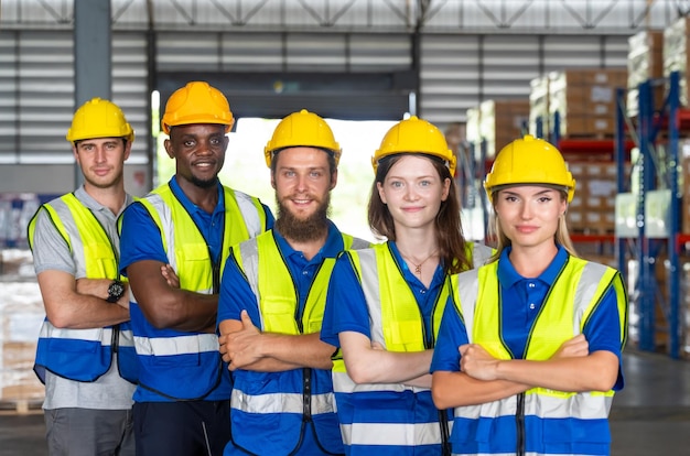 Photo team of warehouse employees working on inventory in a large distribution warehouse business factory industry concept