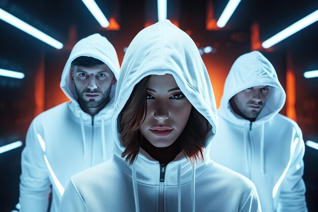 Photo team in a white hoodie against a neon light background