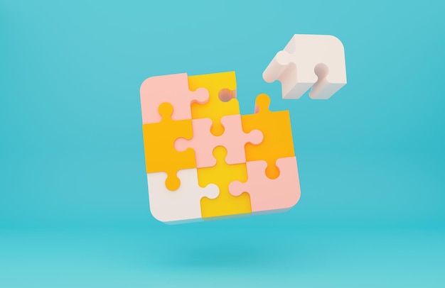 Photo team work concept 3d jigsaw puzzle pieces orange pink white and mint colors education courses